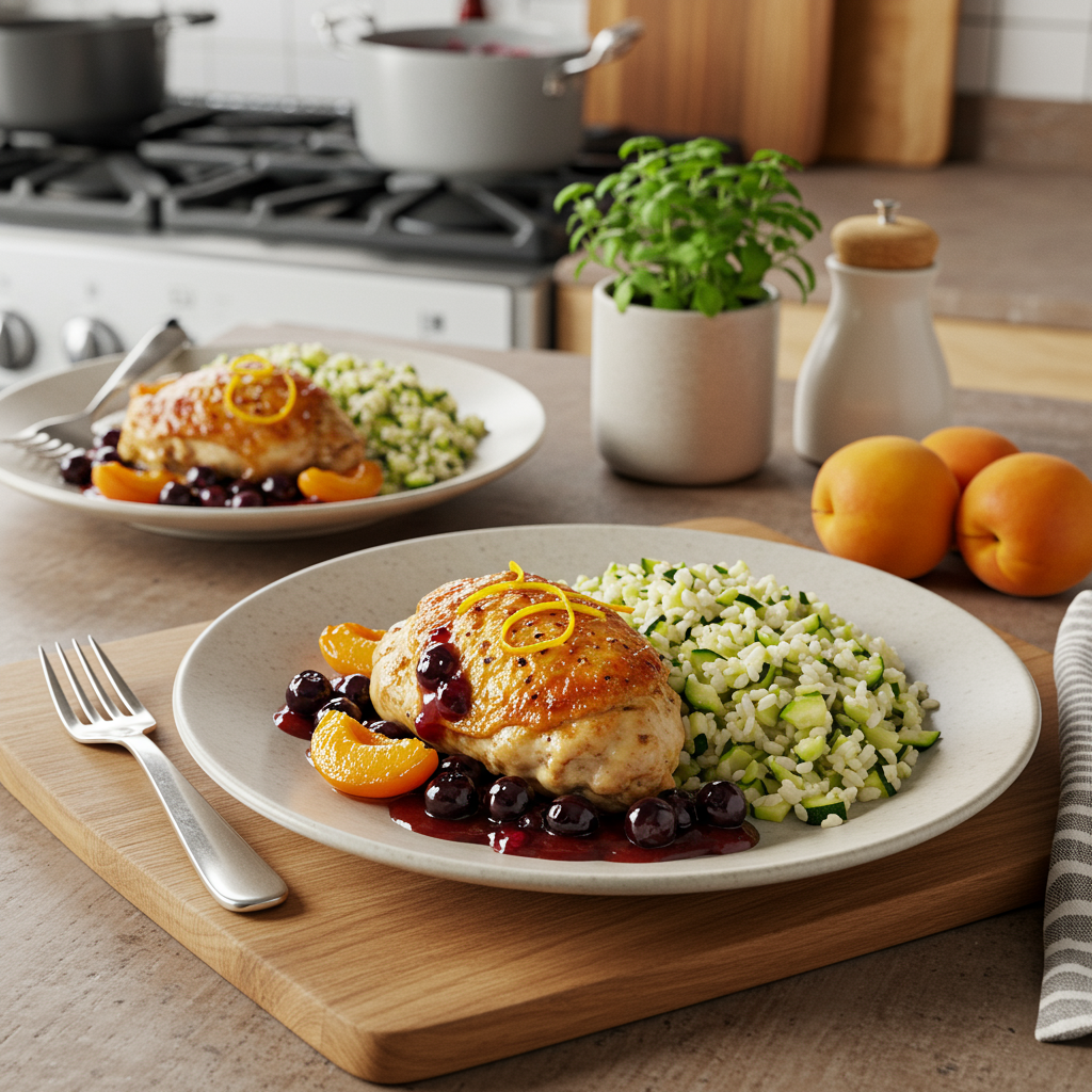 Pan-Fried Citrus Chicken with Apricot Blueberry Sauce & Zucchini Rice