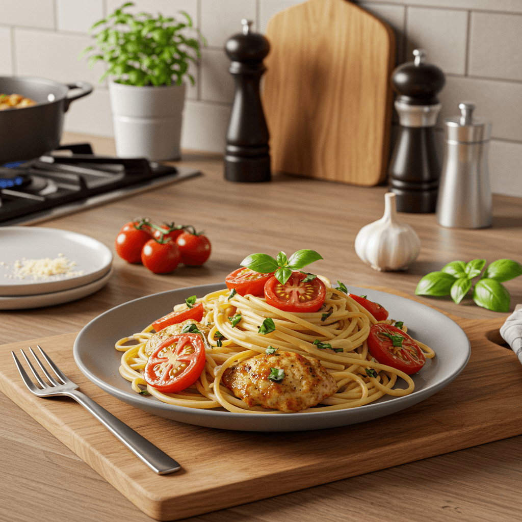 Pan-Fried Garlic Chicken Spaghetti with Fresh Tomatoes and Basil