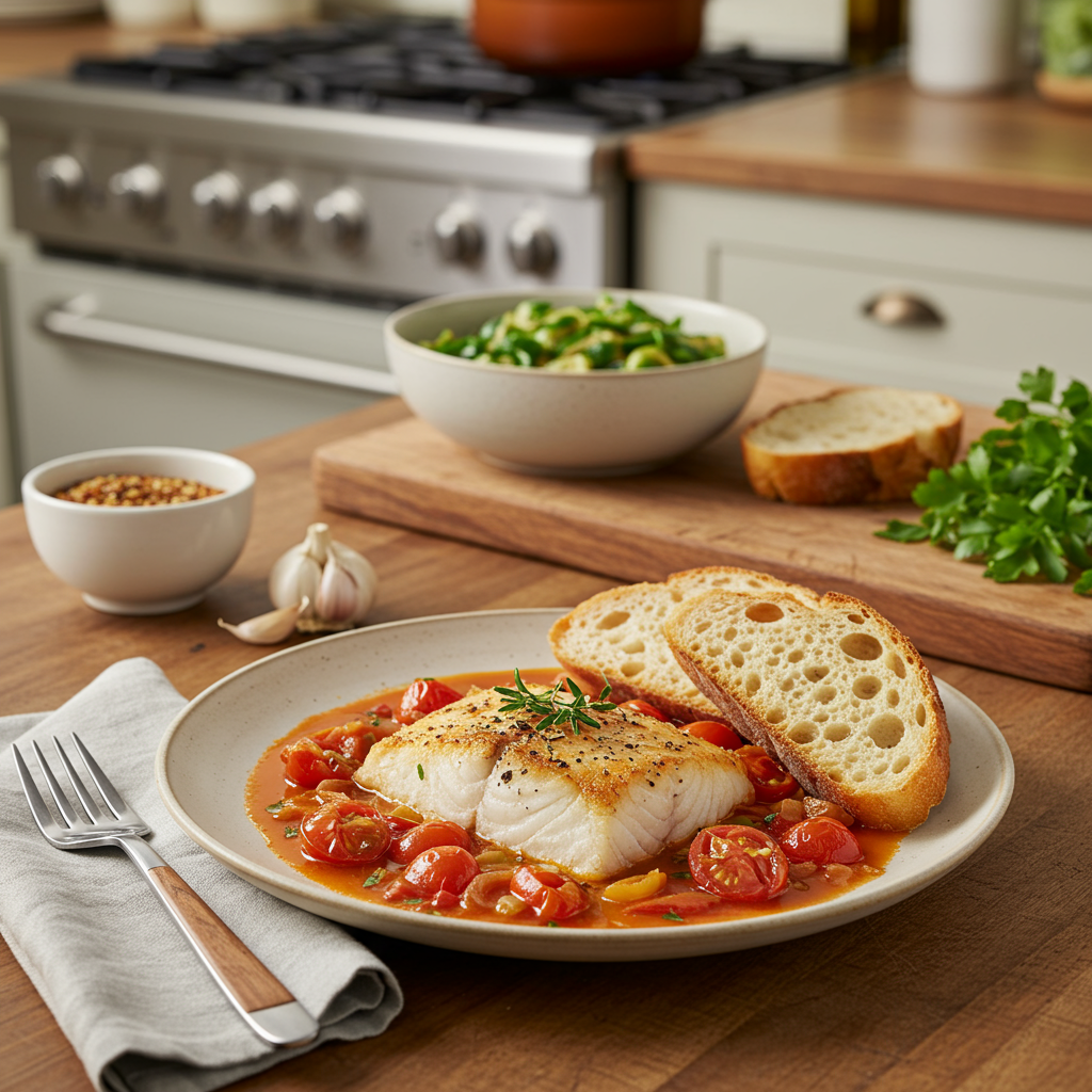 Pan-Seared White Fish with Zesty Tomato-Garlic Broth and Crusty Bread