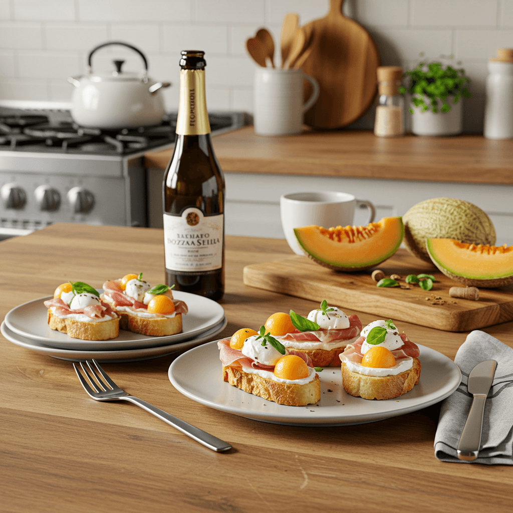 Prosciutto & Mozzarella Melon Crostini with Prosecco Marinated Chicken
