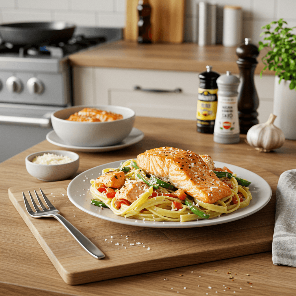 Salmon Primavera Pasta with Parmesan and Crushed Red Pepper