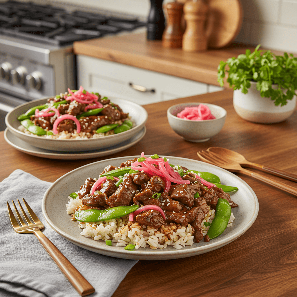 Sizzling Asian Beef Bowls with Edamame and Pickled Red Onions