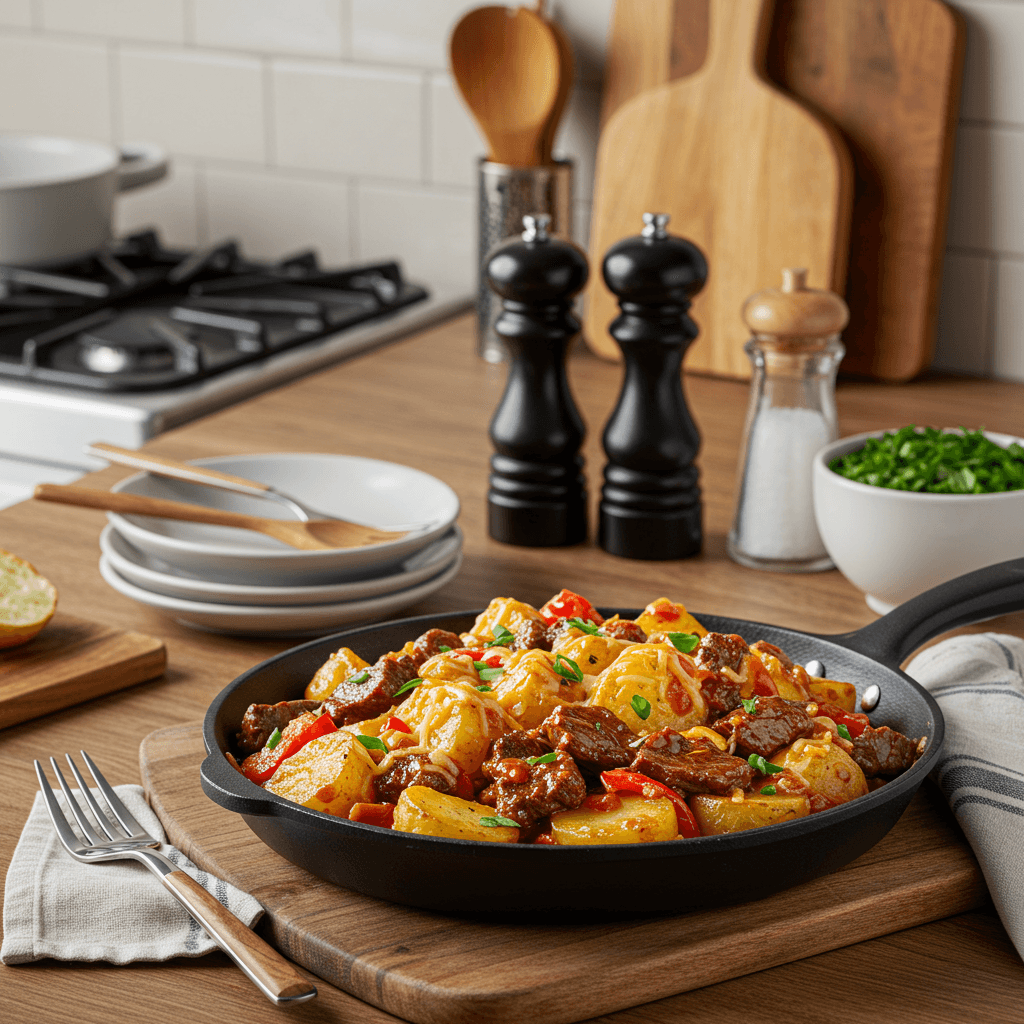 Spiced Beef and Cheesy Potato Skillet