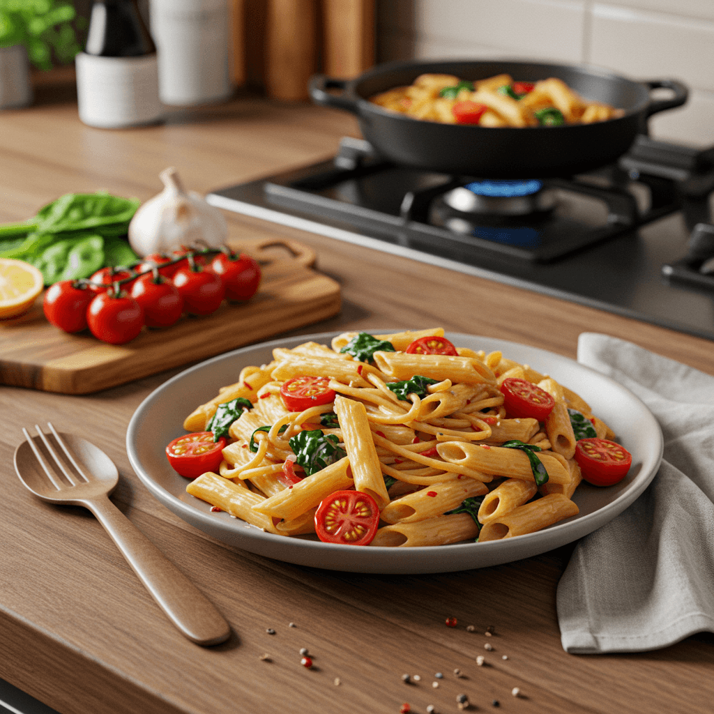 Spicy Cream Cheese Pasta with Burst Cherry Tomatoes and Spinach