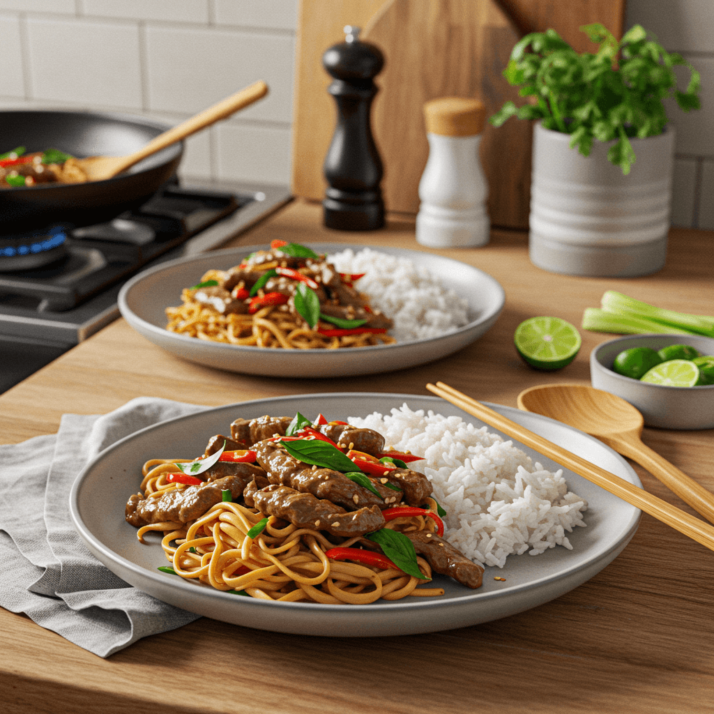 Spicy Thai Basil Beef with Noodles and Jasmine Rice