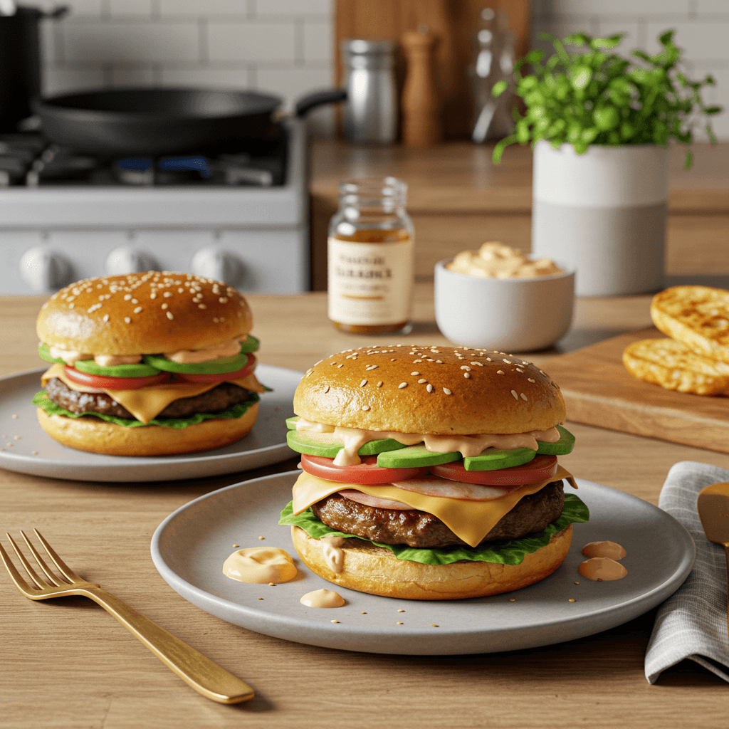 Ultimate Grilled Chicken & Ham Burger with Avocado and Sriracha Mayo