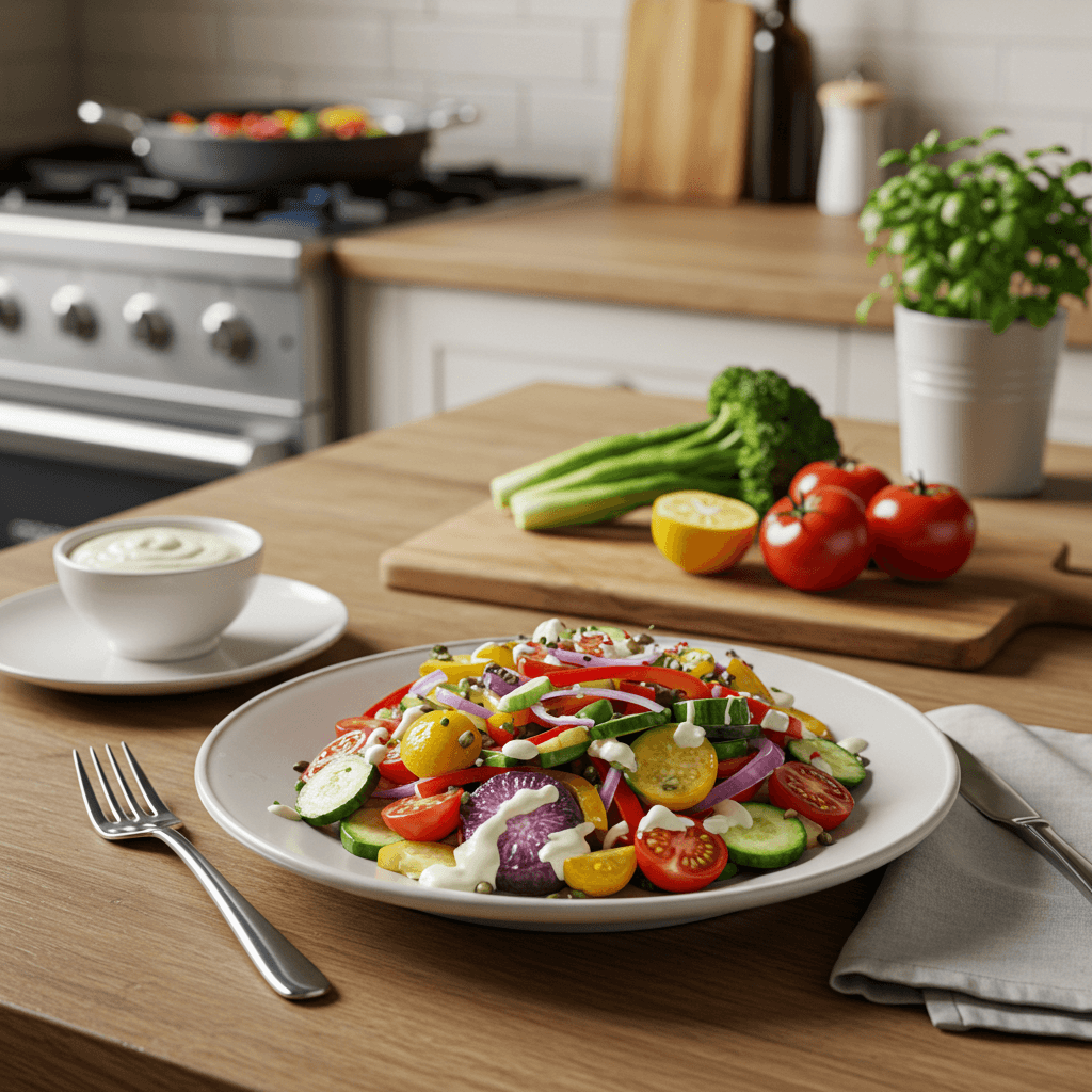 Vibrant Rainbow Vegetable Salad with Creamy Dressing