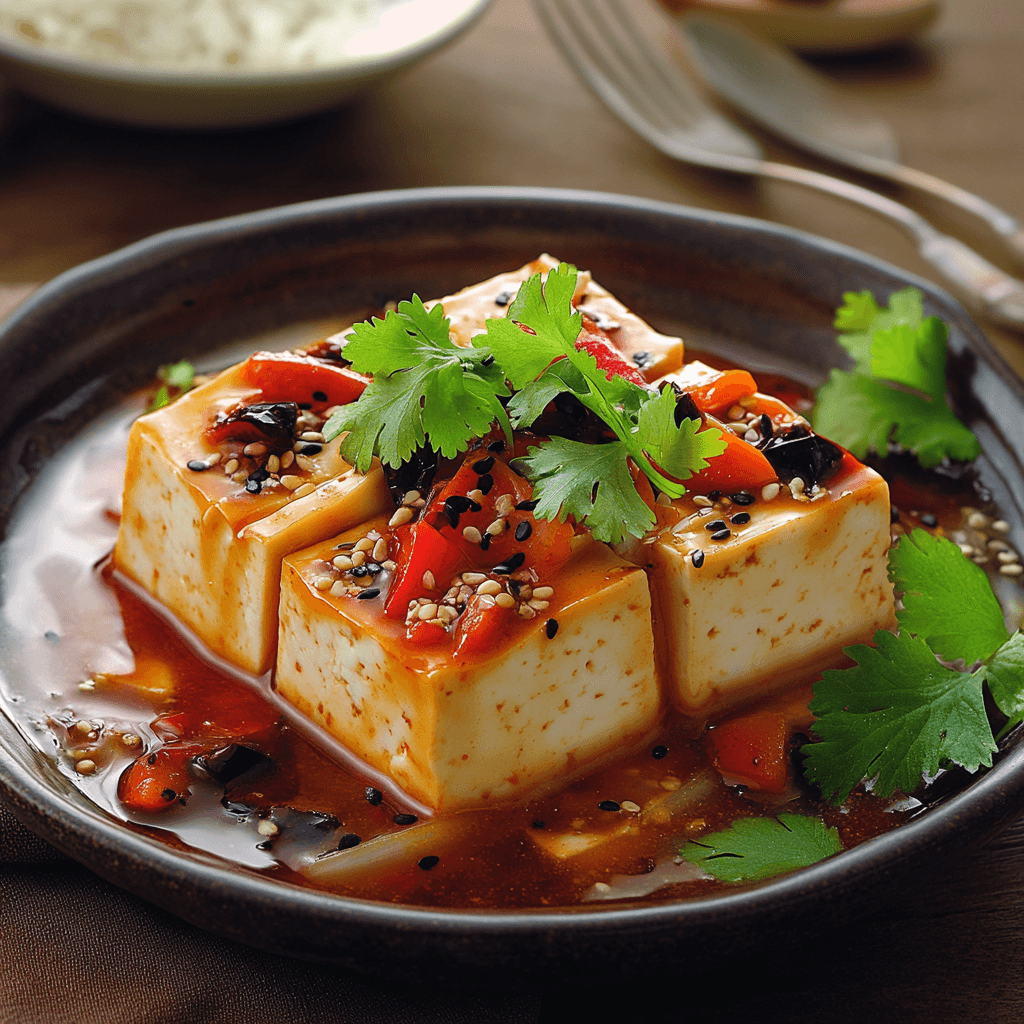 Chili-Infused Silken Tofu with Sesame Roasted Peppers