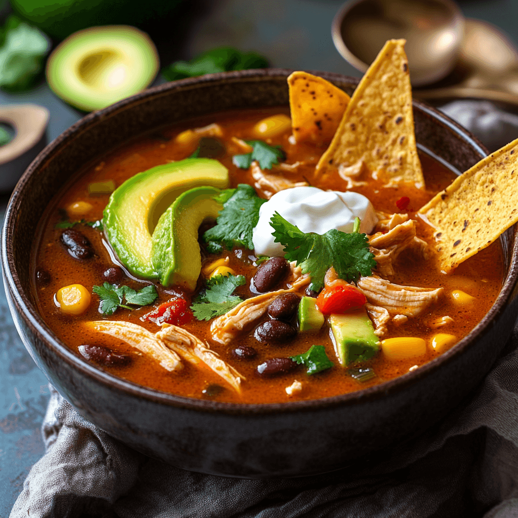 Crock Pot Chipotle Chicken and Bean Soup with Avocado and Tortilla Strips