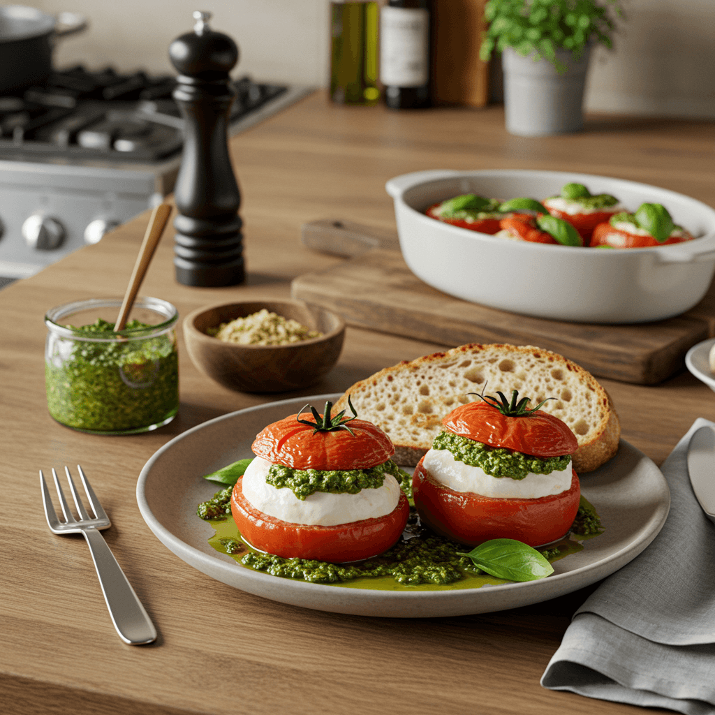 Broiled Burrata-Stuffed Tomatoes with Pesto Drizzle and Heritage Bread