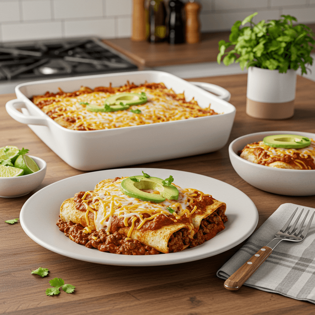 Cheesy Beef Enchilada Bake with Fresh Toppings