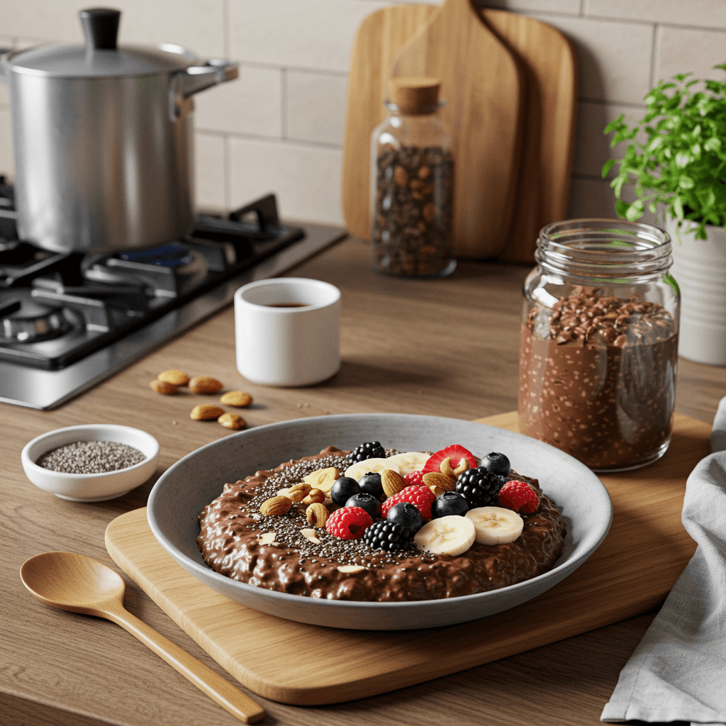 Chia Chocolate Breakfast Pudding with Fresh Berries and Nuts