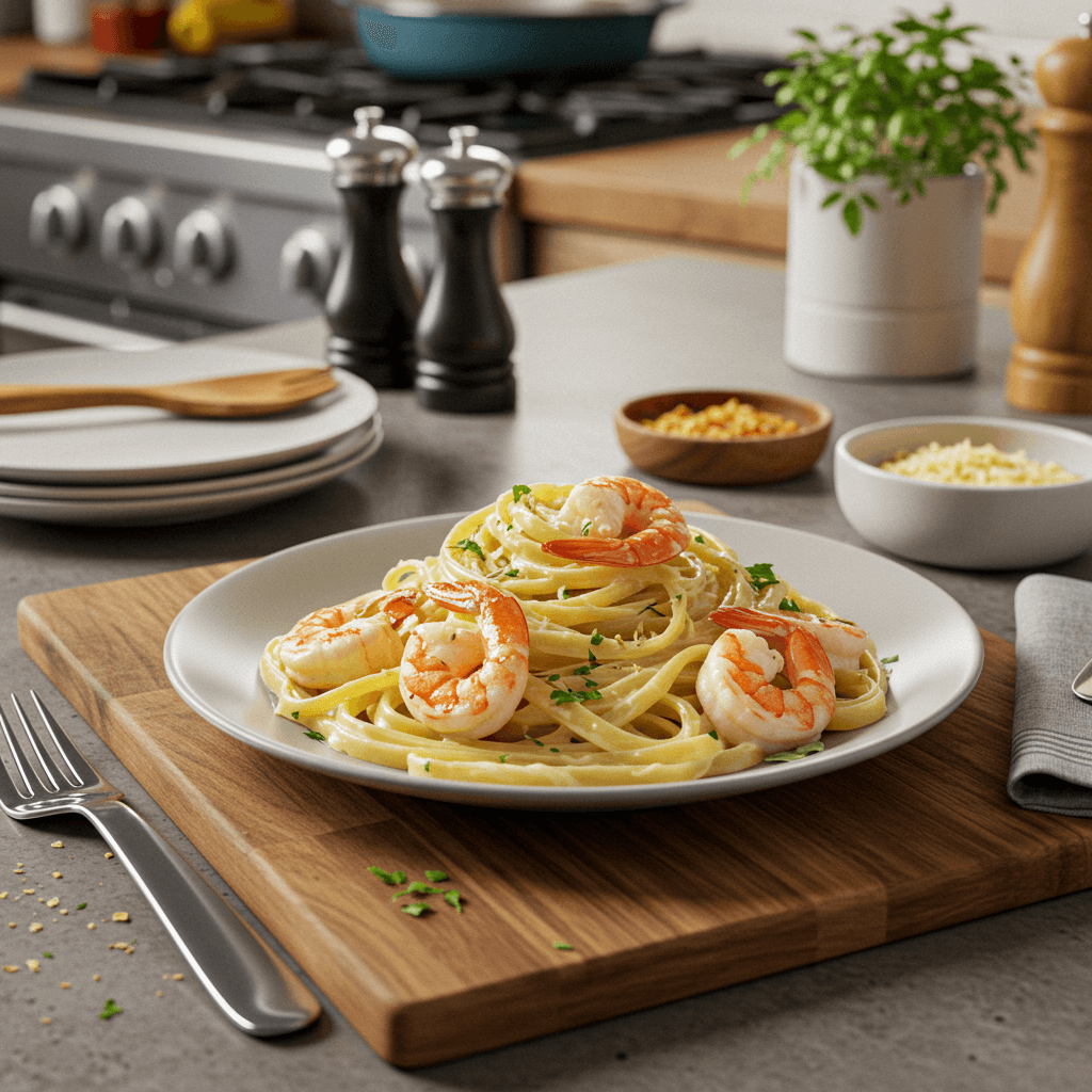 Classic Fettuccine Alfredo with Sautéed Garlic Shrimp