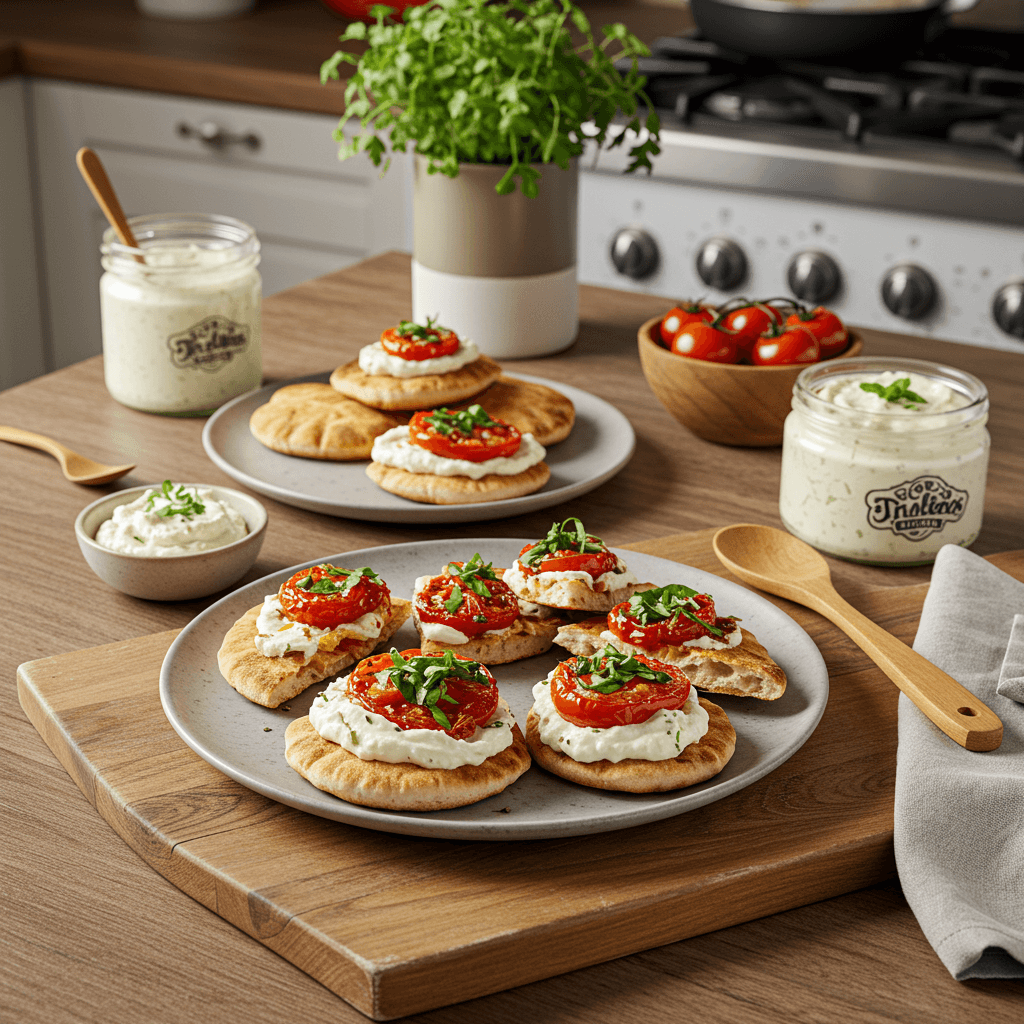 Crispy Pita Bites with Roasted Tomato and Labneh Spread
