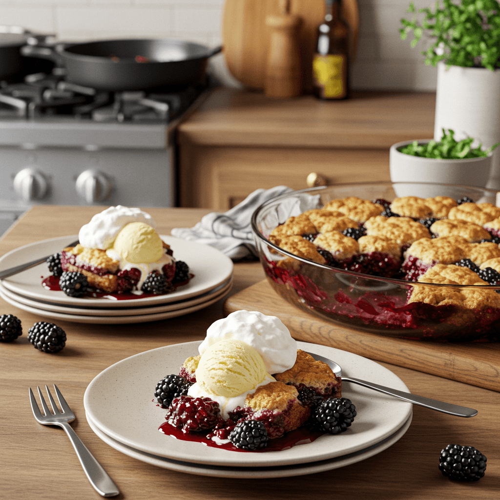 Decadent Blackberry Cobbler with Ice Cream and Whipped Topping