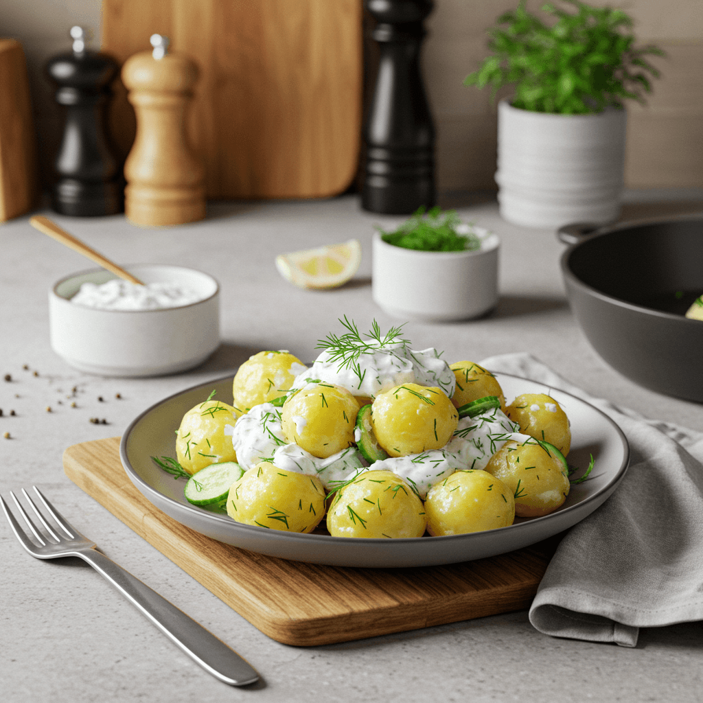 Delicious Boiled Potato Salad with Cucumber Dill Yogurt Sauce