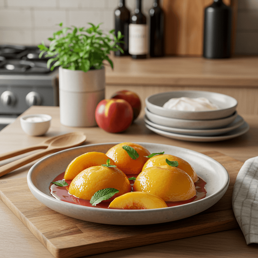 Elegant Poached Peaches in Wine with Vanilla and Mint