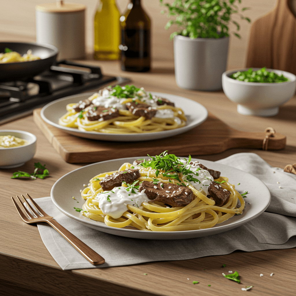Garlic and Herb Beef Pasta with Creamy Yogurt Sauce