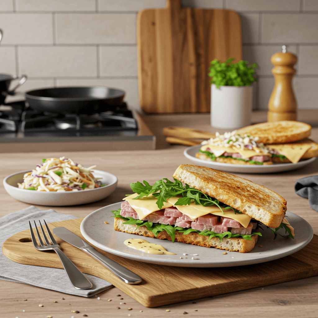 Gourmet Tuna Melt with Arugula, Swiss Cheese, and Coleslaw