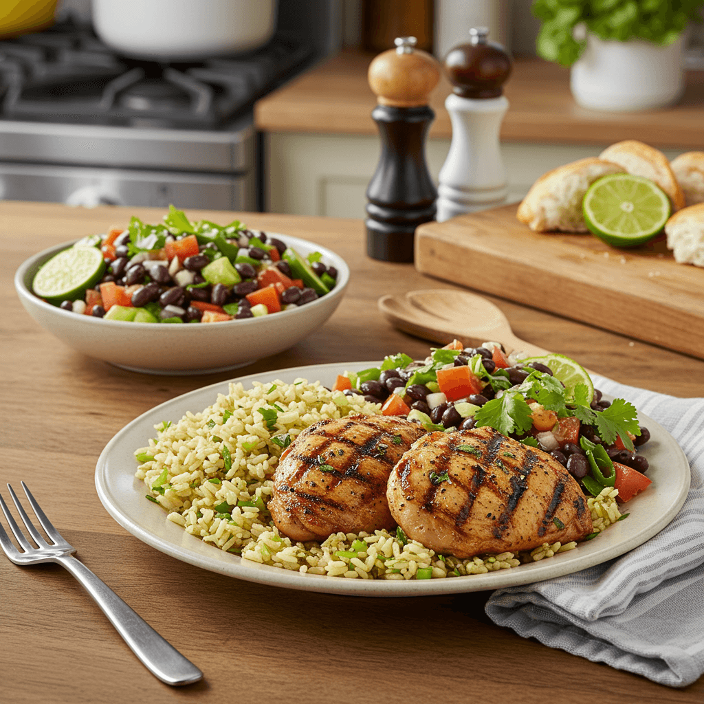 Grilled Adobo Chicken with Cilantro Lime Rice and Southwest Black Bean Salad