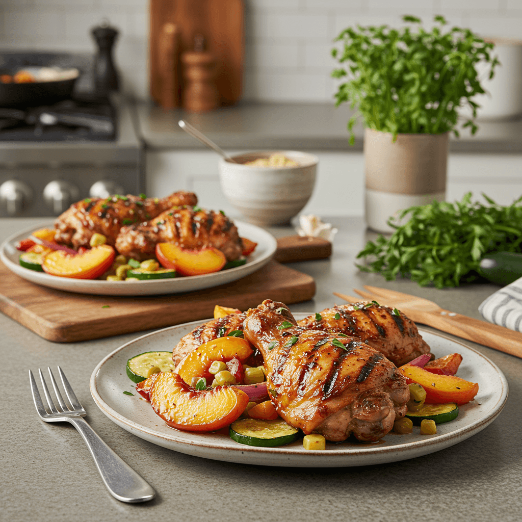 Grilled BBQ Peach Chicken Thighs with Summer Vegetable Medley