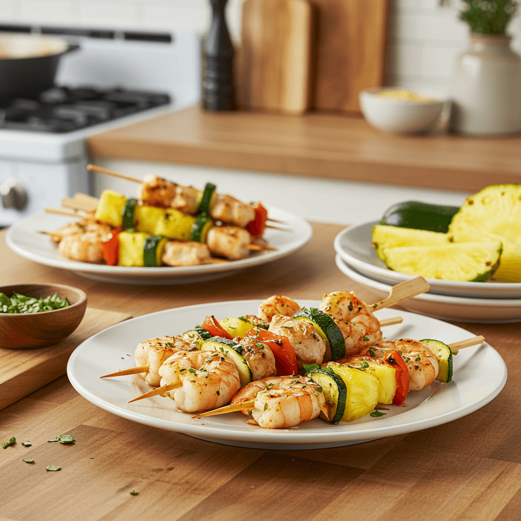 Grilled Citrus Herb Chicken and Shrimp Skewers with Zucchini & Pineapple