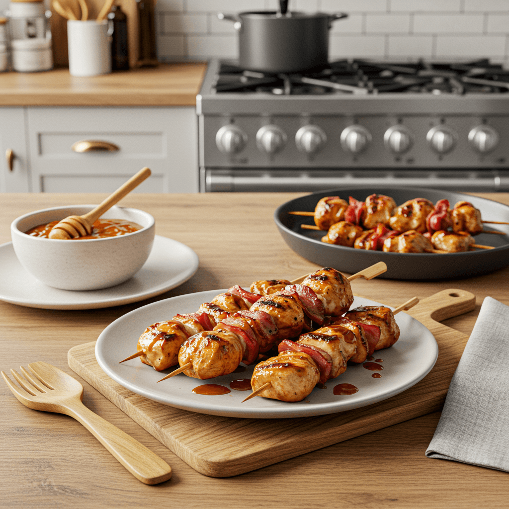 Grilled Honey Barbecue Chicken and Bacon Skewers