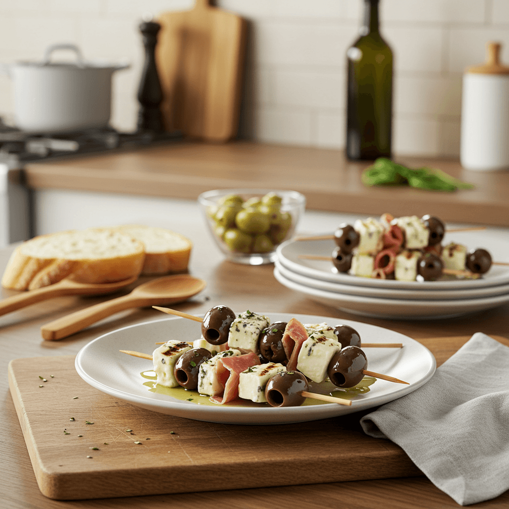Grilled Olive & Blue Cheese Skewers with Prosciutto and Mozzarella