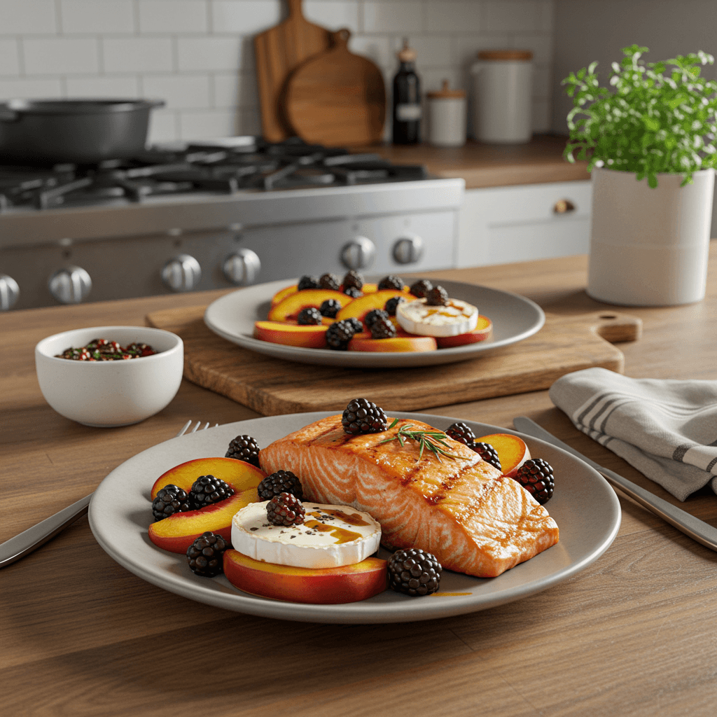 Grilled Peach, Berry, and Brie Delight with Charcoal-Infused Salmon