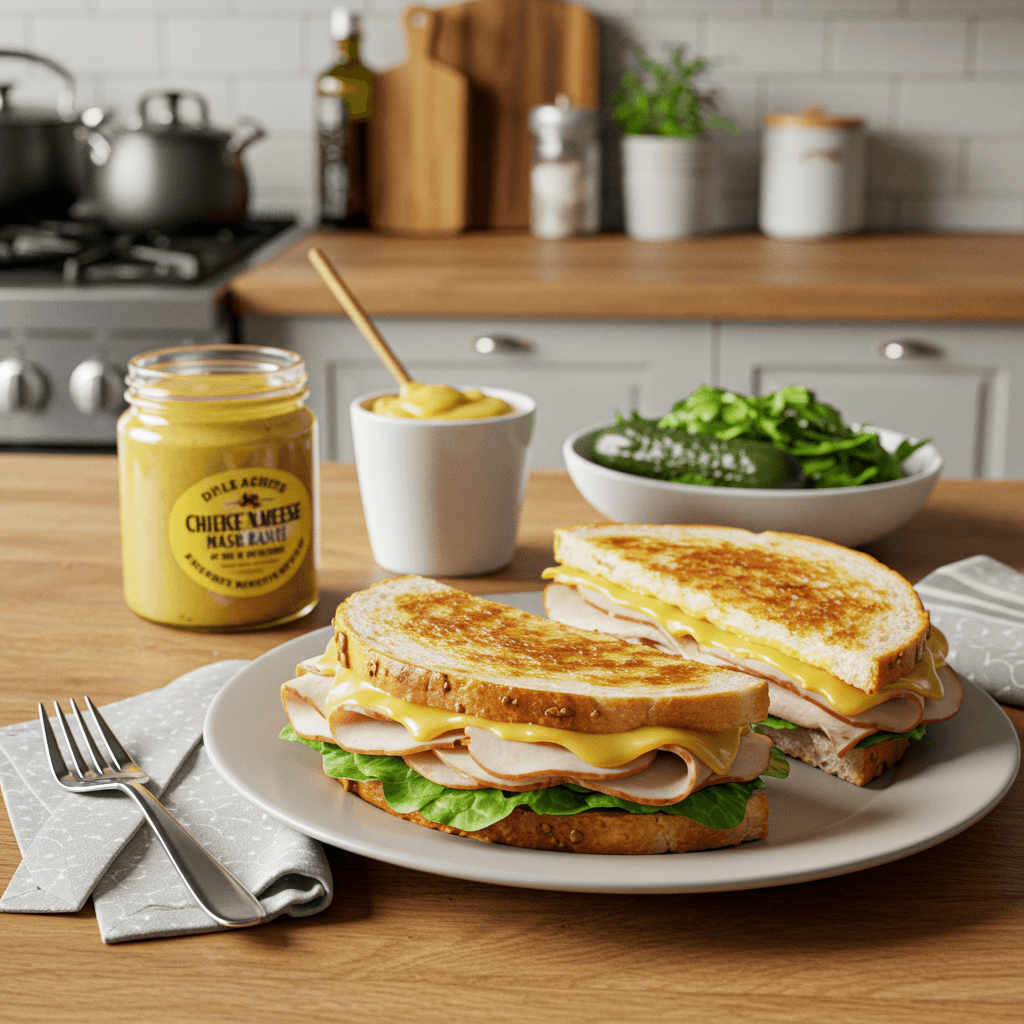Grilled Turkey and Cheese Delight with Pickle Honey Mustard Sauce