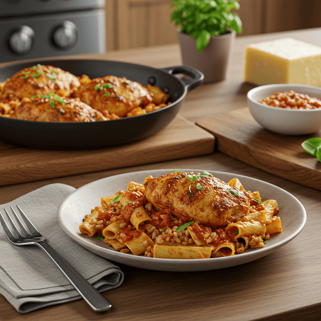 Hearty Rotisserie Chicken and Farro Pappardelle with Basil Tomato Sauce