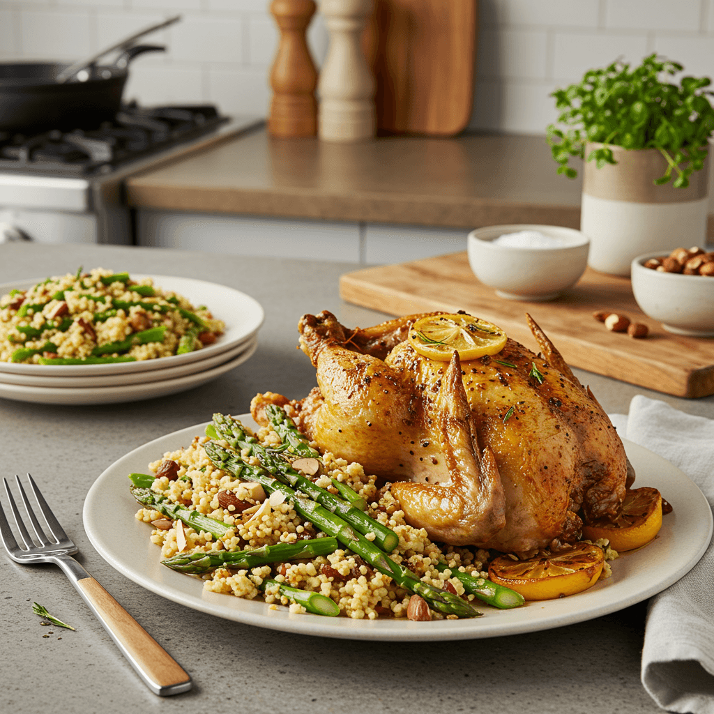 Lemon Herb Roasted Chicken with Mustard Sourdough Crust & Asparagus Almond Couscous