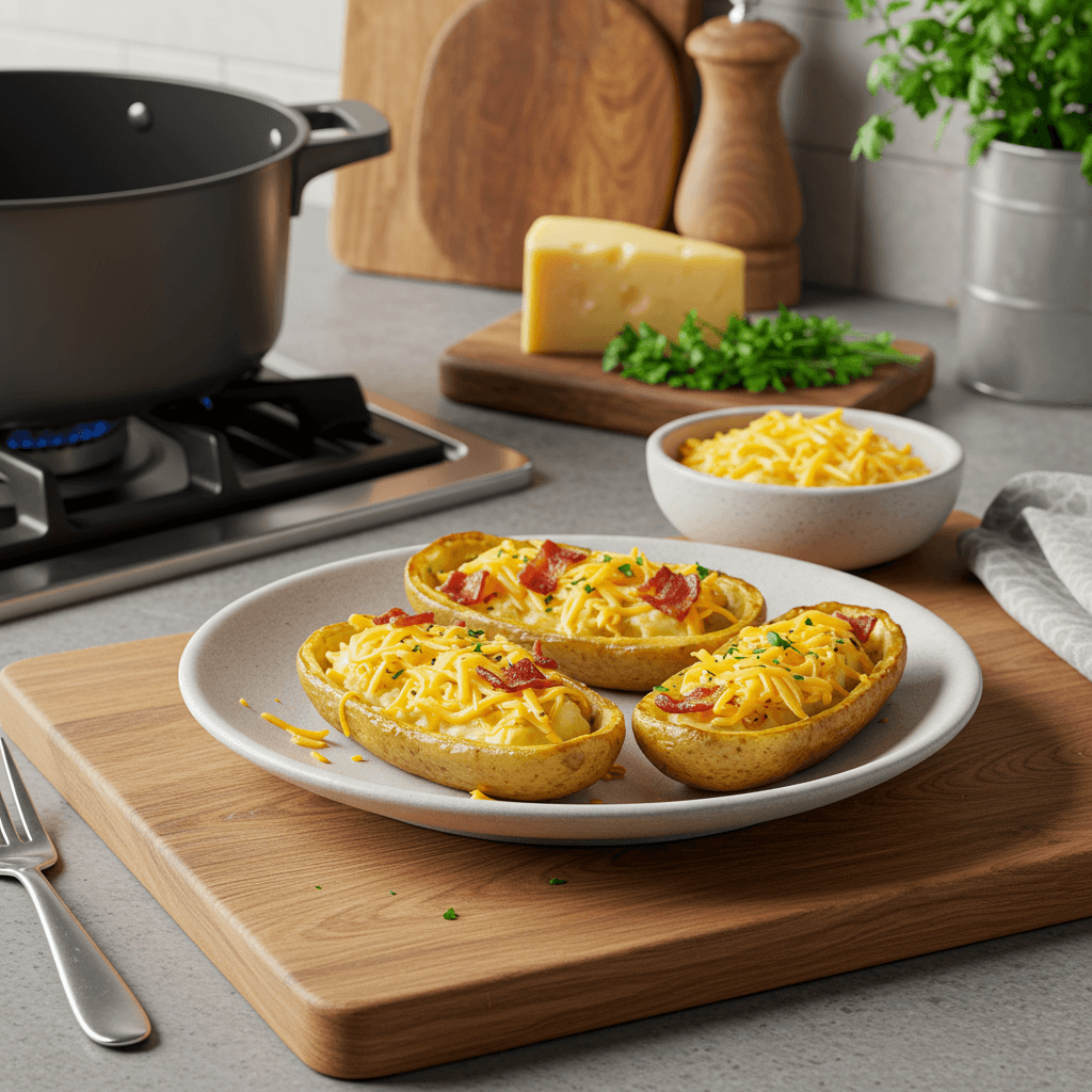 Loaded Air Fryer Russet Potato Skins with Cheddar and Bacon