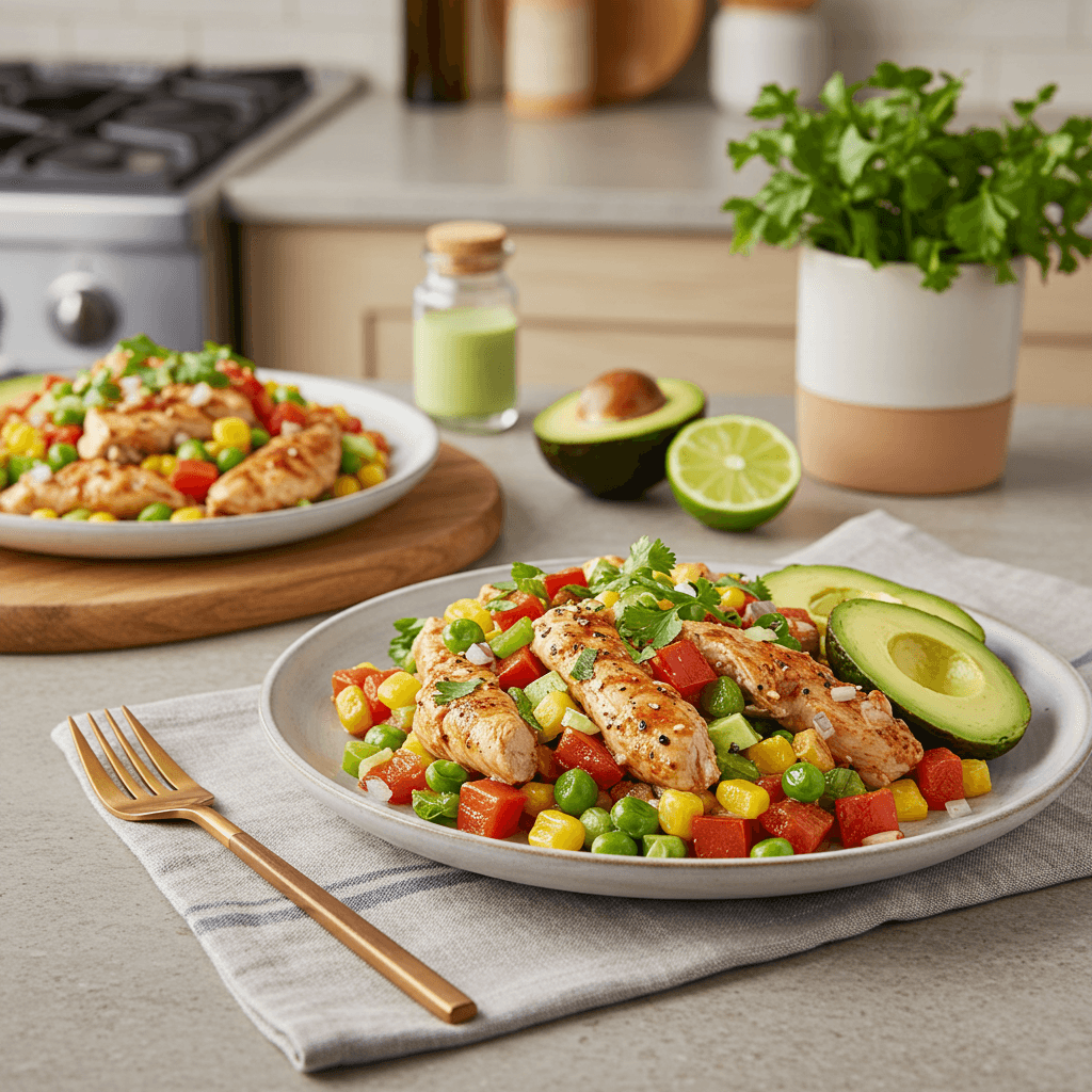 Microwave Fiesta Chicken Bowl with Avocado-Lime Dressing