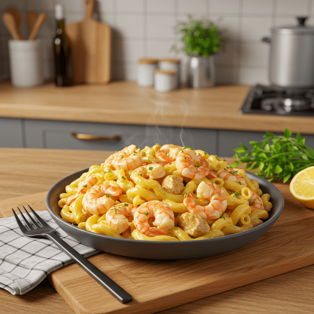 Microwave Macaroni and Cheese with Shrimp and Chicken Delight