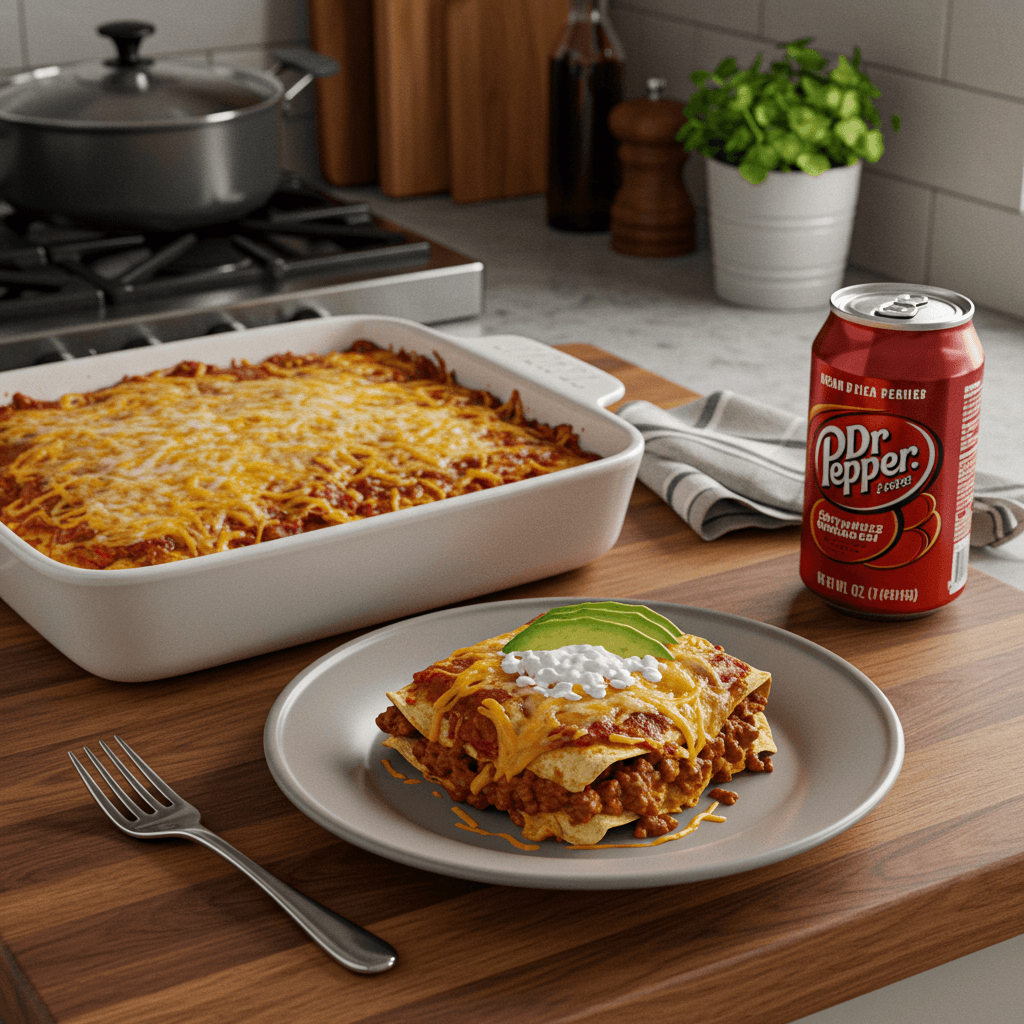 Oven-Baked Enchilada Casserole with Dr Pepper-Infused Ground Beef