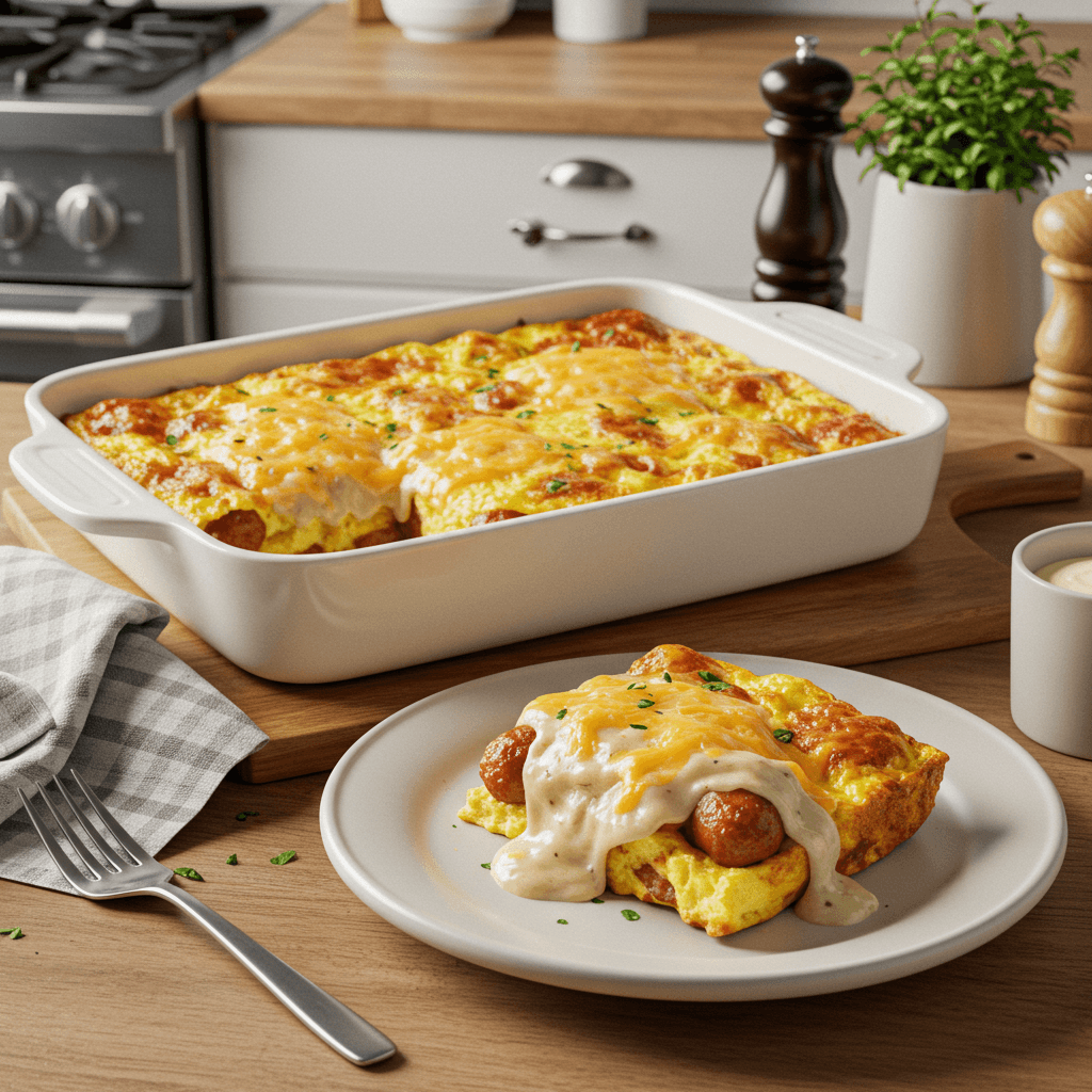 Oven-Baked Sausage, Cheese, and Gravy Breakfast Bake