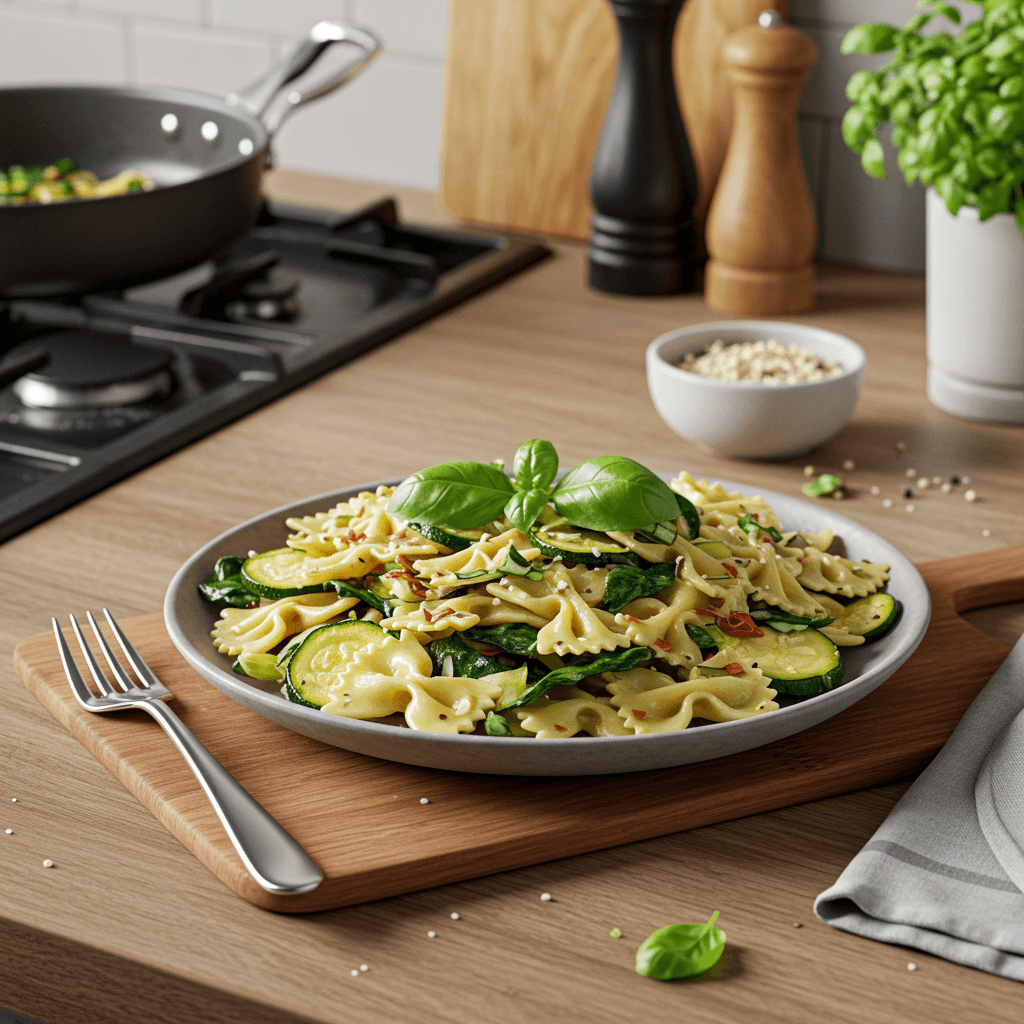 Oven-Roasted Farfalle with Zucchini, Spinach, and Basil