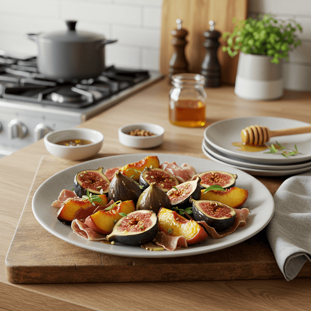 Oven-Roasted Figs and Peaches with Prosciutto and Honey Drizzle