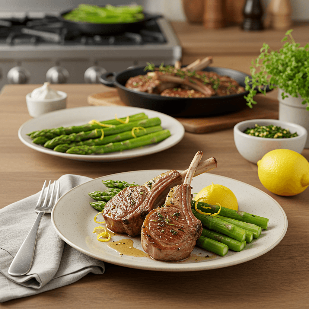 Oven-Roasted Herb-Infused Lamb Chops with Asparagus and Lemon Zest