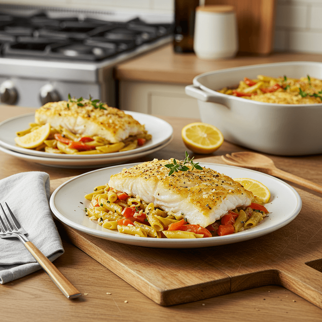Oven-Roasted Lemon Herb Cod with Brisket & Ziti Fusion