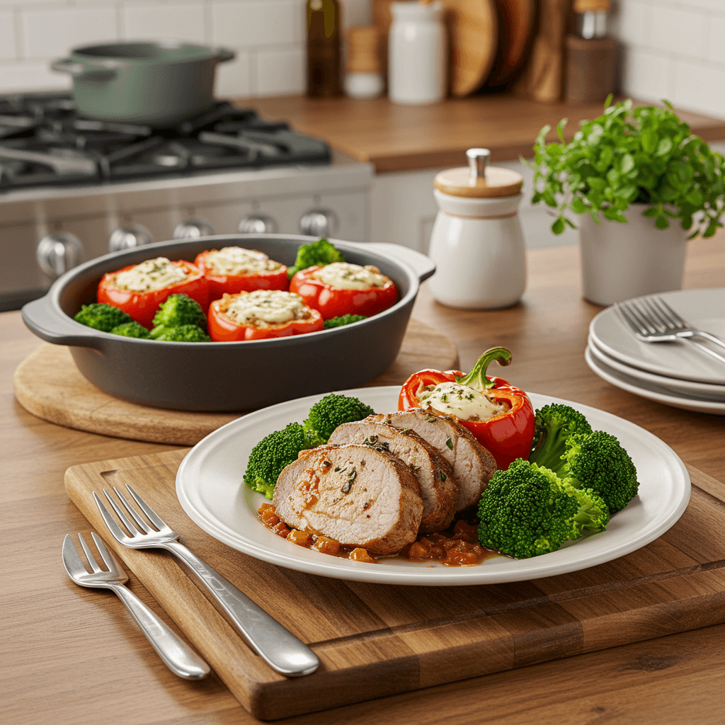 Oven-Roasted Pork Tenderloin with Mozzarella-Stuffed Red Bell Peppers and Broccoli