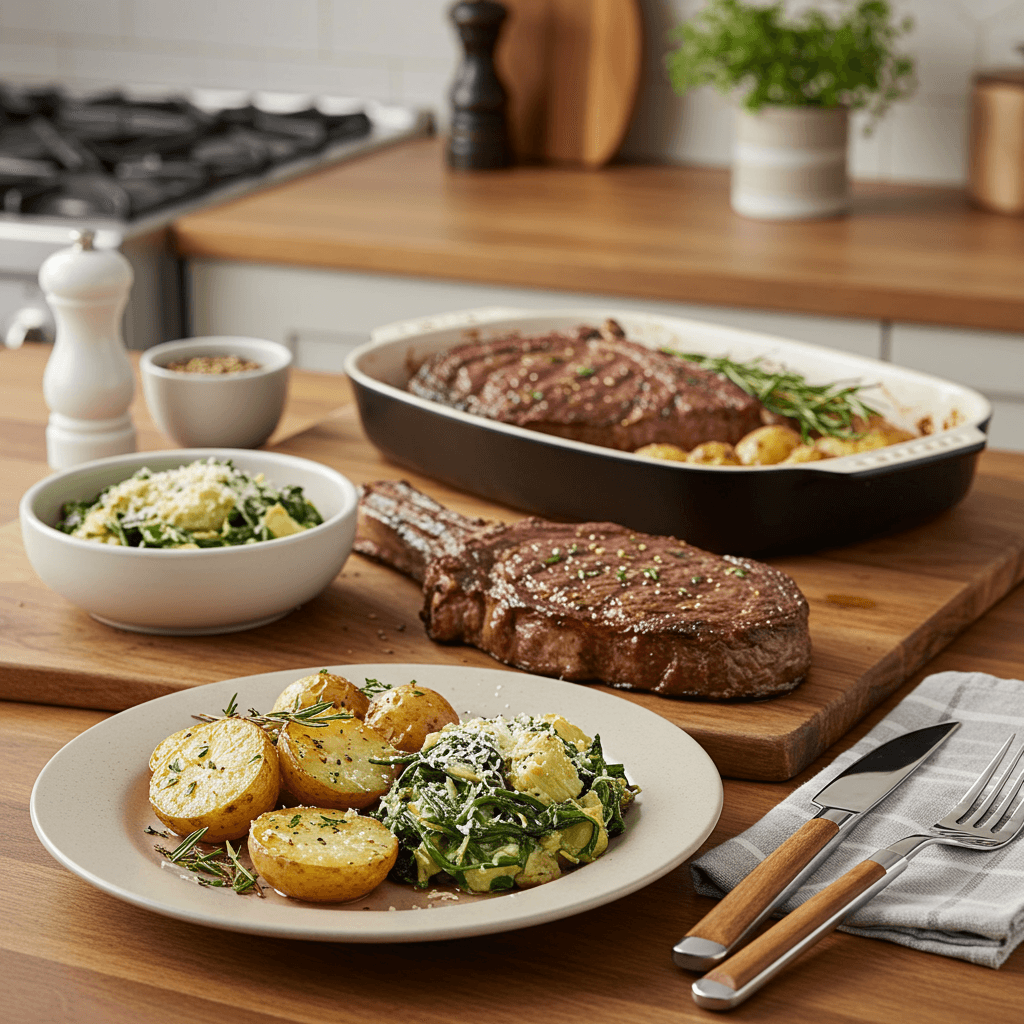 Oven-Roasted Ribeye Steak with Parmesan Herb Potatoes and Spinach Artichoke Bake