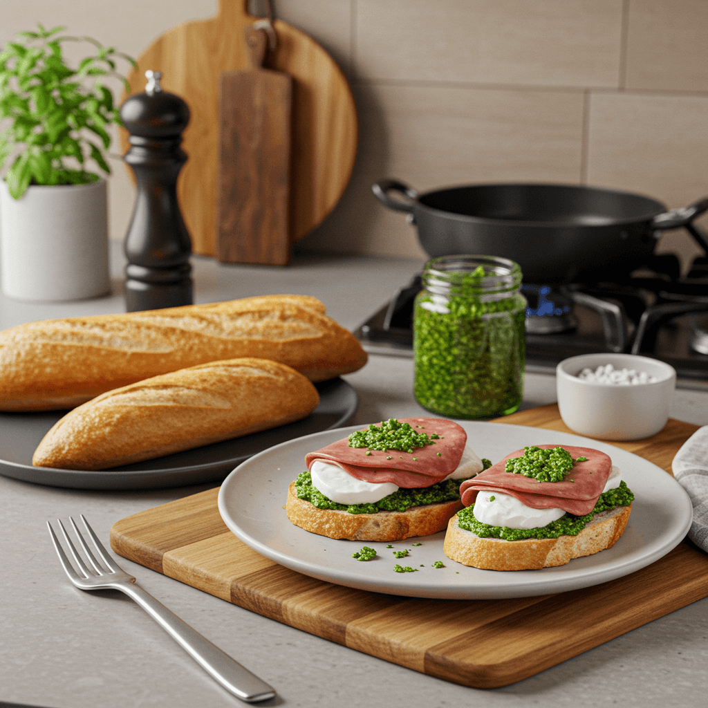 Pan-Fried Mortadella with Pesto & Fresh Mozzarella Baguette