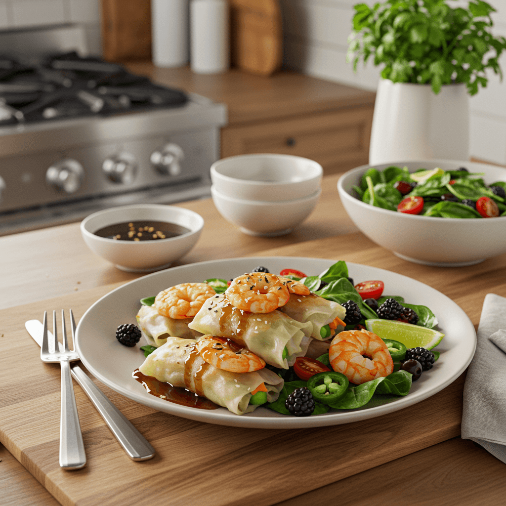 Pork and Shrimp Lumpia Delight with Spiced Beef & Berry Jalapeño Vinaigrette Salad