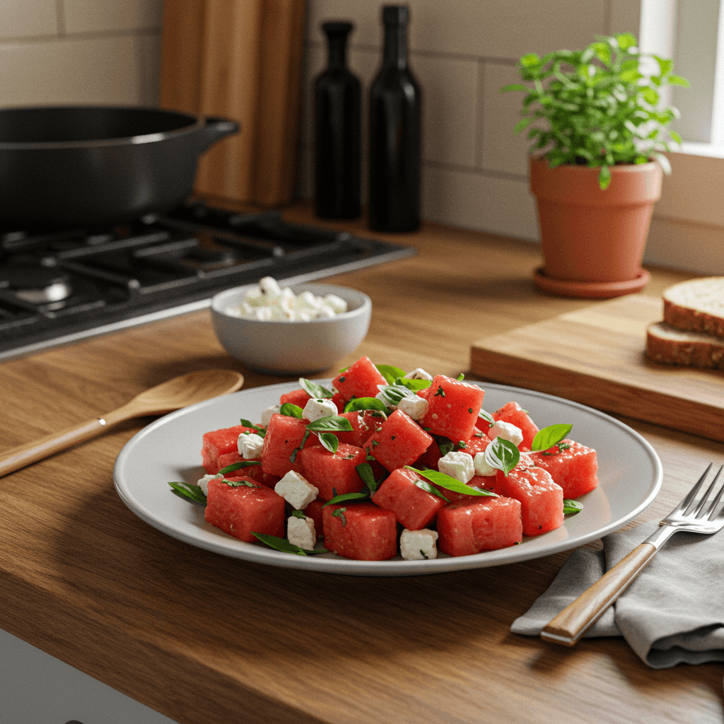 Refreshing Watermelon Basil Salad with Goat & Feta Cheese