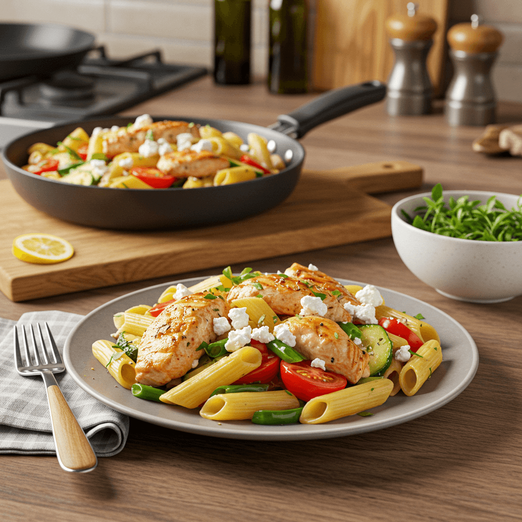 Sautéed Chicken and Salmon Penne with Fresh Vegetables and Feta