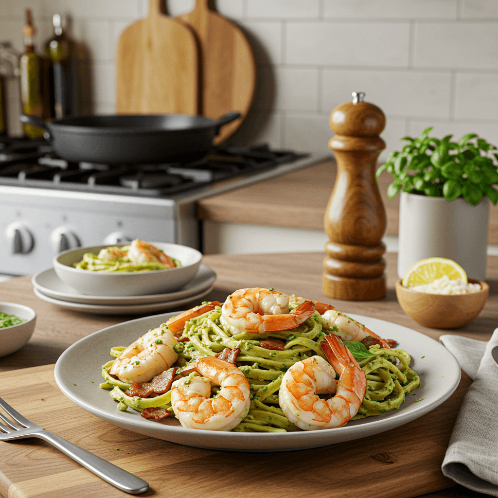Sautéed Shrimp & Bacon Pesto Pasta