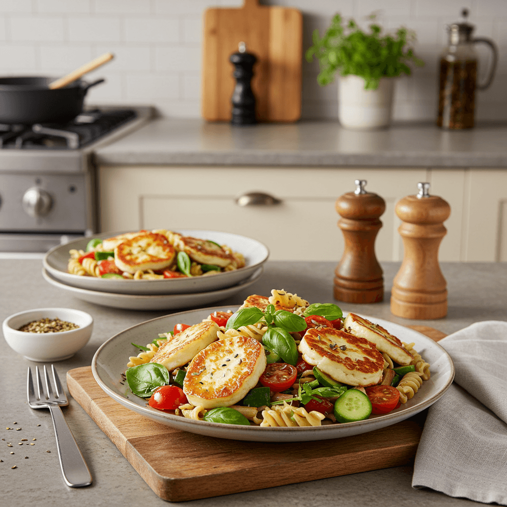 Savory Mediterranean Pasta Salad with Pan-Seared Halloumi