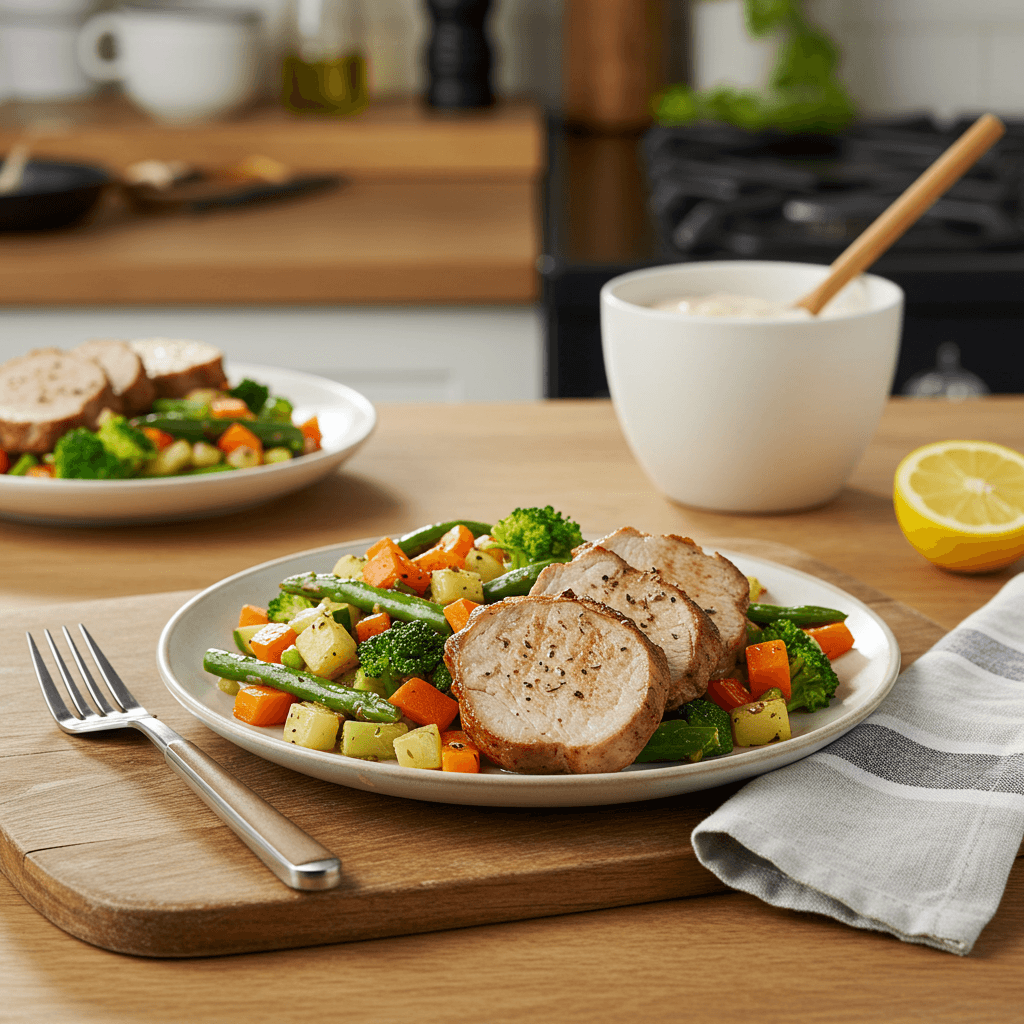 Savory Pork Tenderloin and Vegetable Medley with Zesty Dijon Ranch Sauce